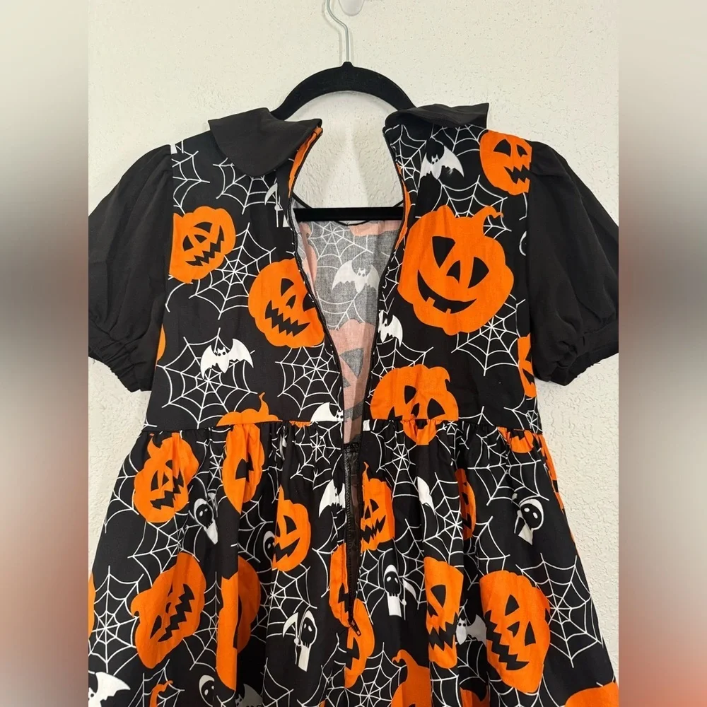 Unique Vintage Pumpkins & Spiderwebs Arden Babydoll Mini Dress Small NEW
